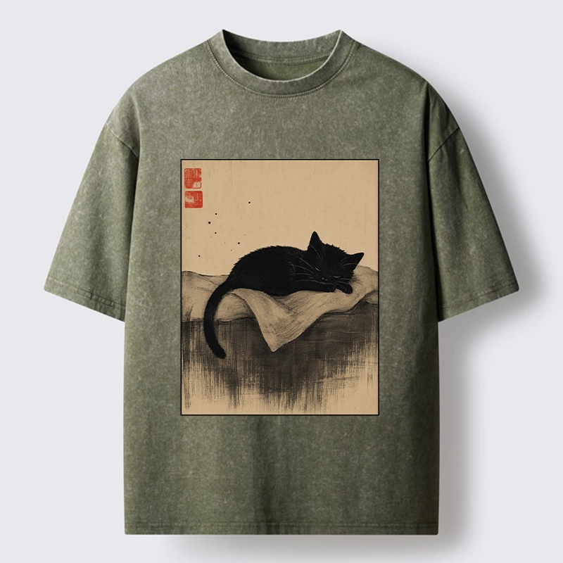 Tokyo-Tiger Sleeping Black Cat In Ink Wash Style Washed T-Shirt