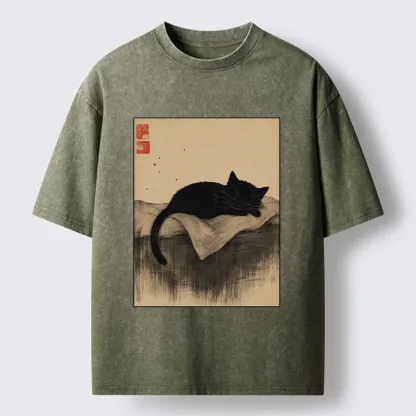 Tokyo-Tiger Sleeping Black Cat In Ink Wash Style Washed T-Shirt