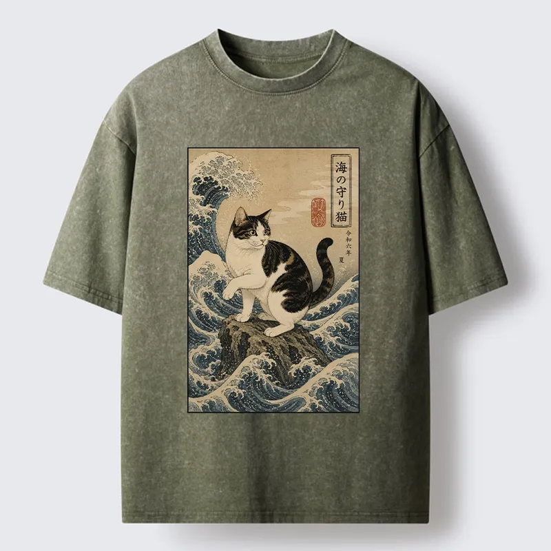Tokyo-Tiger Sea Guardian Cat In Great Wave Art Washed T-Shirt