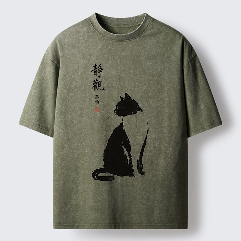 Tokyo-Tiger Calm Black And White Cat Washed T-Shirt