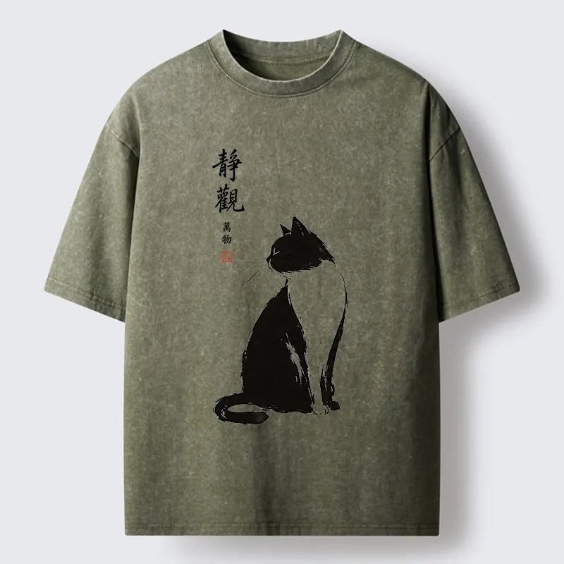 Tokyo-Tiger Calm Black And White Cat Washed T-Shirt Sale