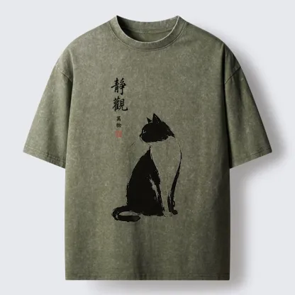 Tokyo-Tiger Calm Black And White Cat Washed T-Shirt