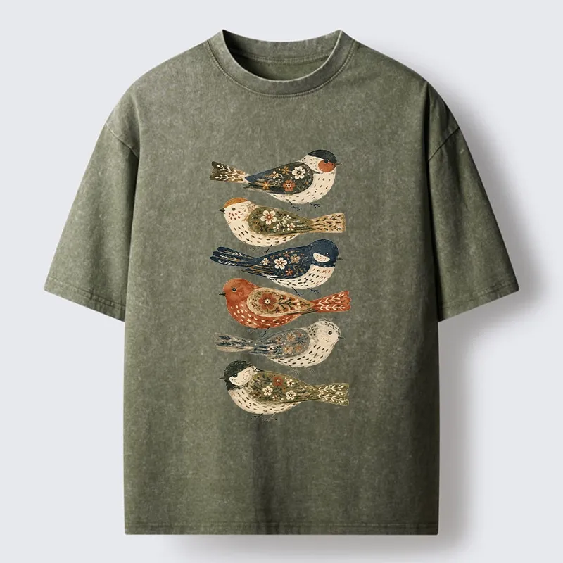 Tokyo-Tiger Colorful Folk Birds In Earthy Tones Washed T-Shirt