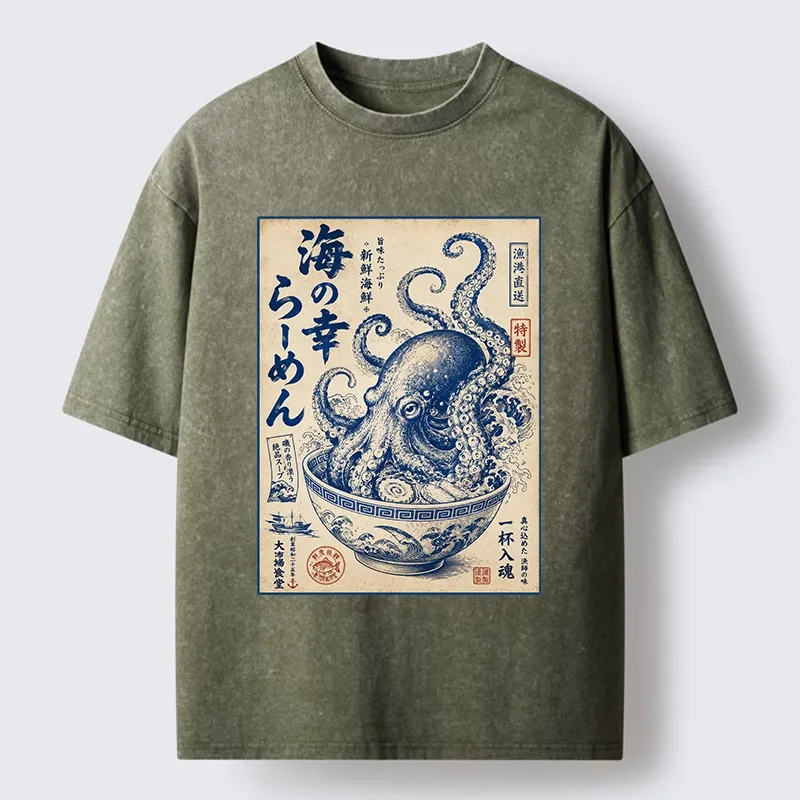 Tokyo-Tiger Vintage Octopus Ramen Japanese Poster Washed T-Shirt