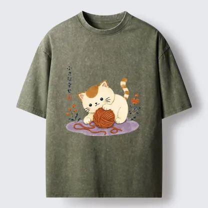 Tokyo-Tiger Cute Watercolor Cat Playing With Yarn Washed T-Shirt