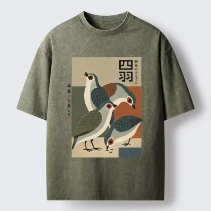 Tokyo-Tiger Four Birds In Vintage Japanese Style Washed T-Shirt