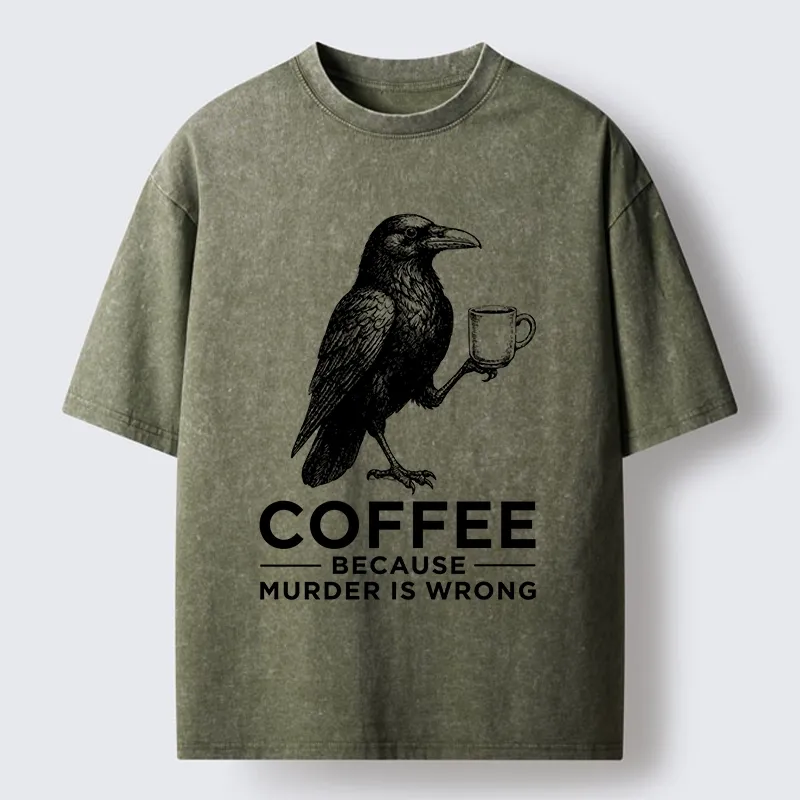 Tokyo-Tiger Raven Holding Coffee Life Mood Washed T-Shirt