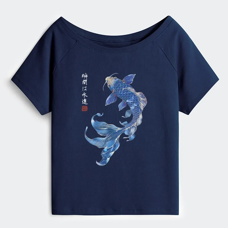 Tokyo-Tiger Lucky Blue Koi Fish Art Off Shoulder T-Shirt