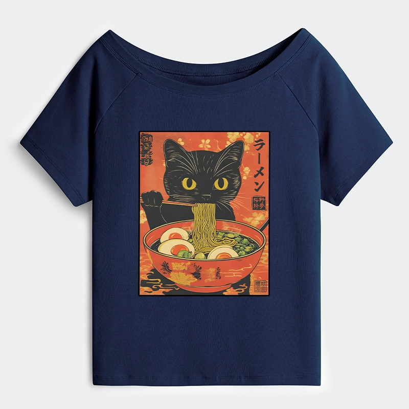 Tokyo-Tiger Hungry Black Cat Loves Ramen Off Shoulder T-Shirt