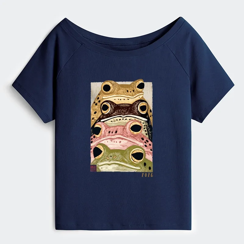 Tokyo-Tiger Whimsical Multi Colored Frog Art Off Shoulder T-Shirt