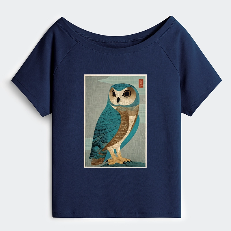 Tokyo-Tiger Vintage Owl Woodblock Art Off Shoulder T-Shirt
