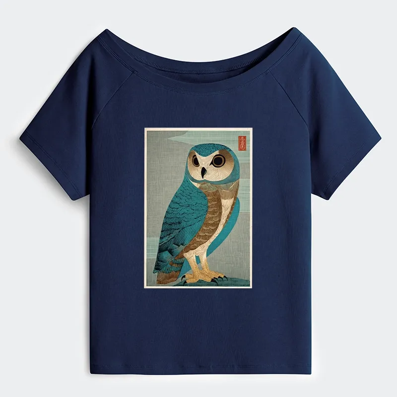 Tokyo-Tiger Vintage Owl Woodblock Art Off Shoulder T-Shirt