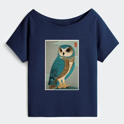 Tokyo-Tiger Vintage Owl Woodblock Art Off Shoulder T-Shirt