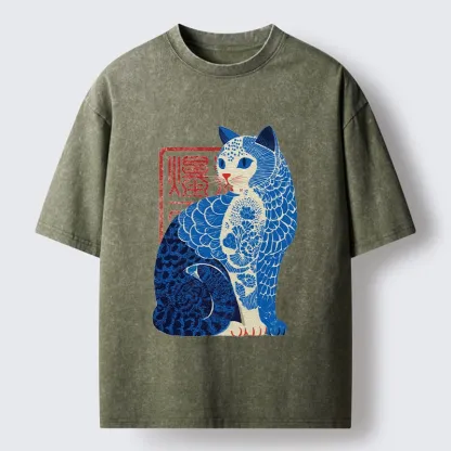 Tokyo-Tiger Blue And White Cat Print Art Washed T-Shirt