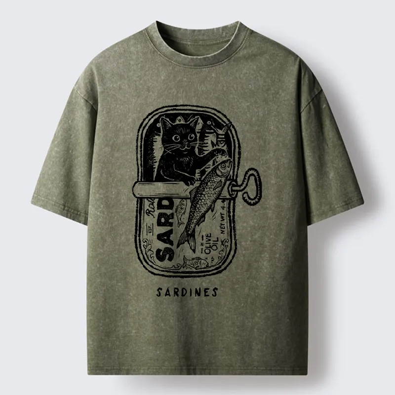 Tokyo-Tiger Black Cat Stuck In A Sardine Can Washed T-Shirt