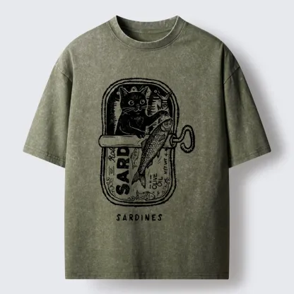 Tokyo-Tiger Black Cat Stuck In A Sardine Can Washed T-Shirt