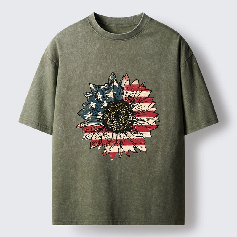 Tokyo-Tiger American Flag Sunflower Art Print Washed T-Shirt
