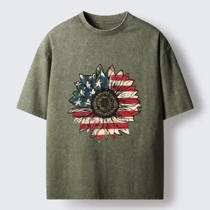 Tokyo-Tiger American Flag Sunflower Art Print Washed T-Shirt
