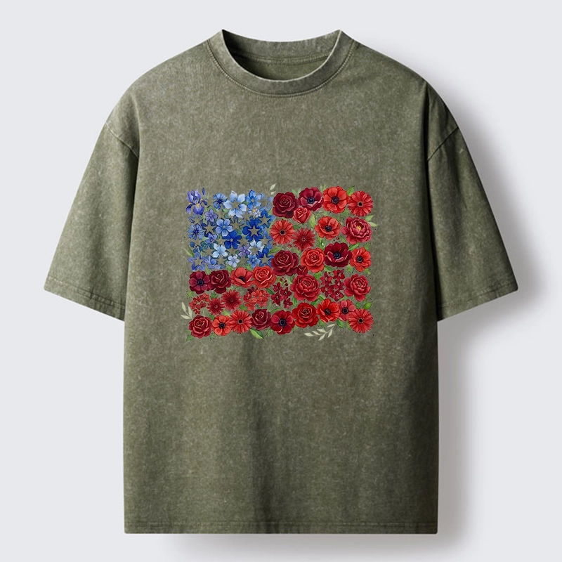 Tokyo-Tiger Floral American Flag Watercolor Art Washed T-Shirt