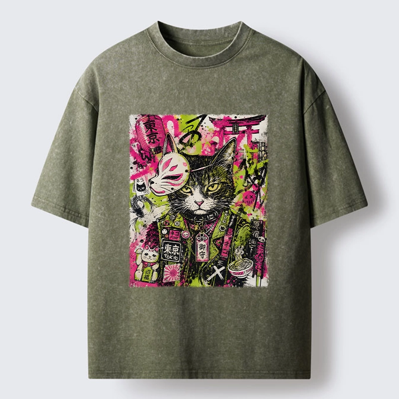 Tokyo-Tiger Funny Tokyo Street Cat Meme Art Washed T-Shirt