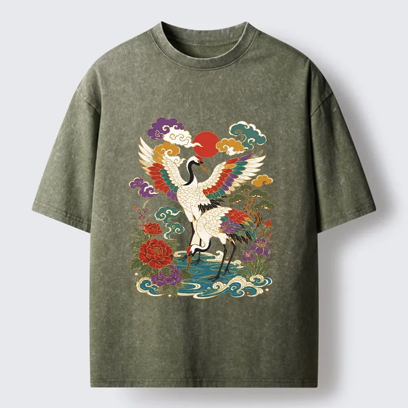 Tokyo-Tiger Traditional Japanese Cranes Art Print Washed T-Shirt