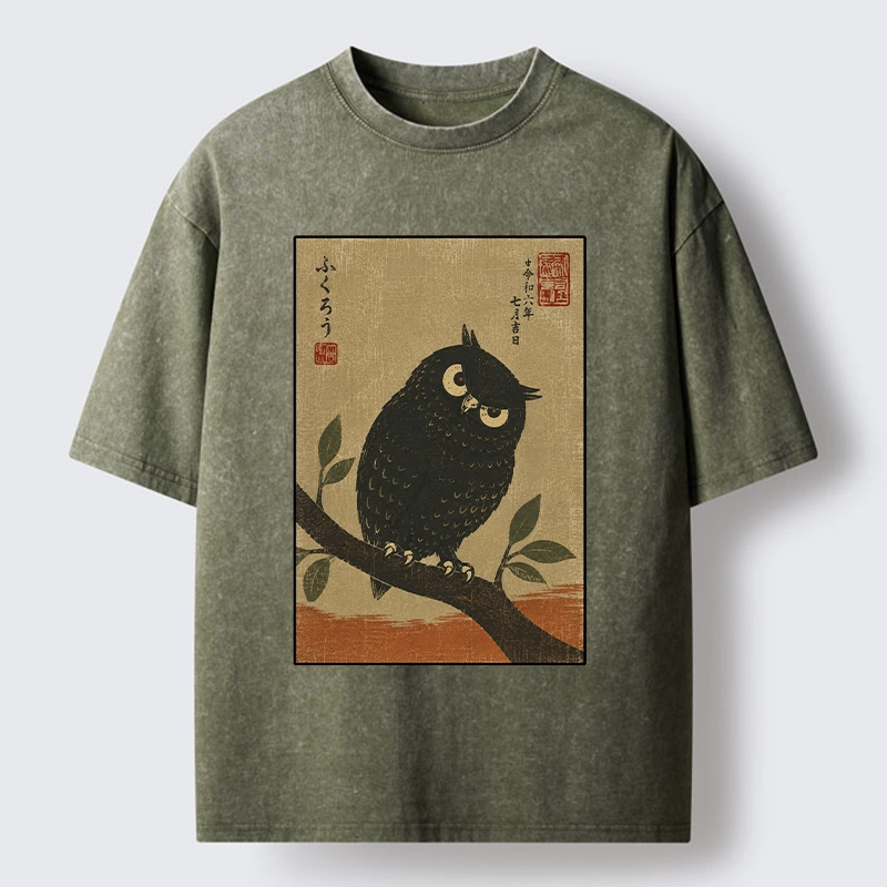 Tokyo-Tiger Traditional Black Owl Art Vibe Washed T-Shirt