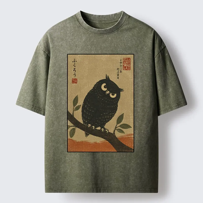 Tokyo-Tiger Traditional Black Owl Art Vibe Washed T-Shirt