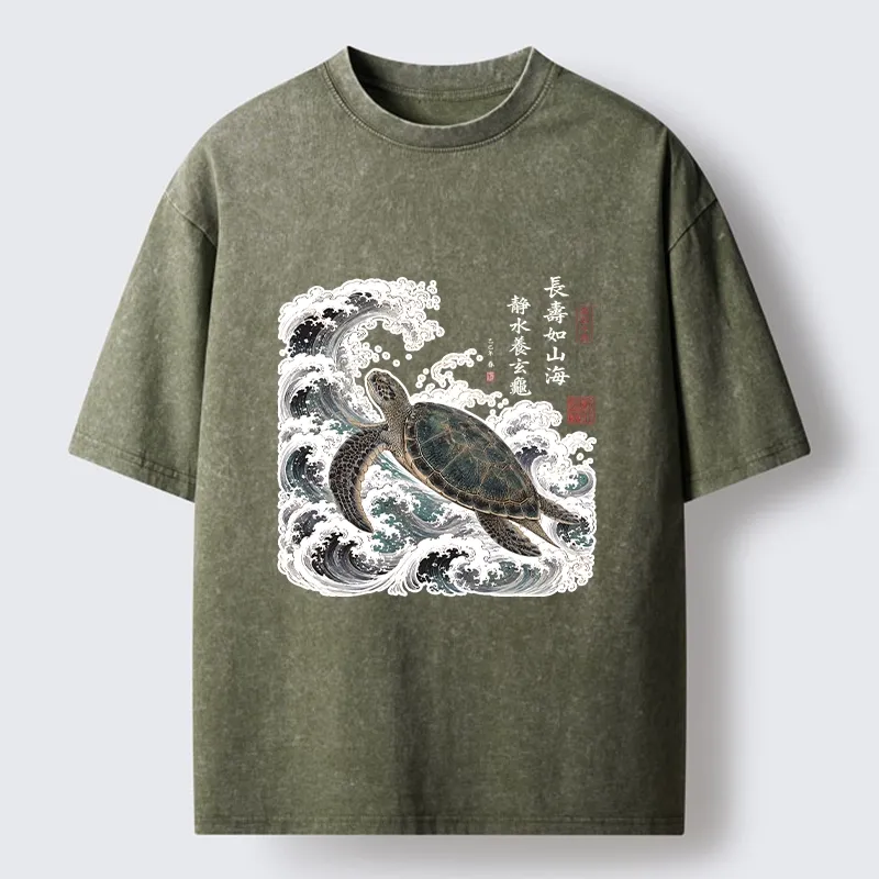 Tokyo-Tiger Lucky Turtle With Calligraphy Art Washed T-Shirt