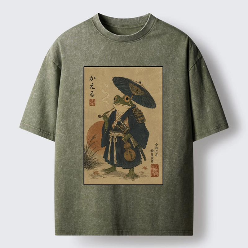 Tokyo-Tiger Cool Frog Samurai In Kimono Washed T-Shirt
