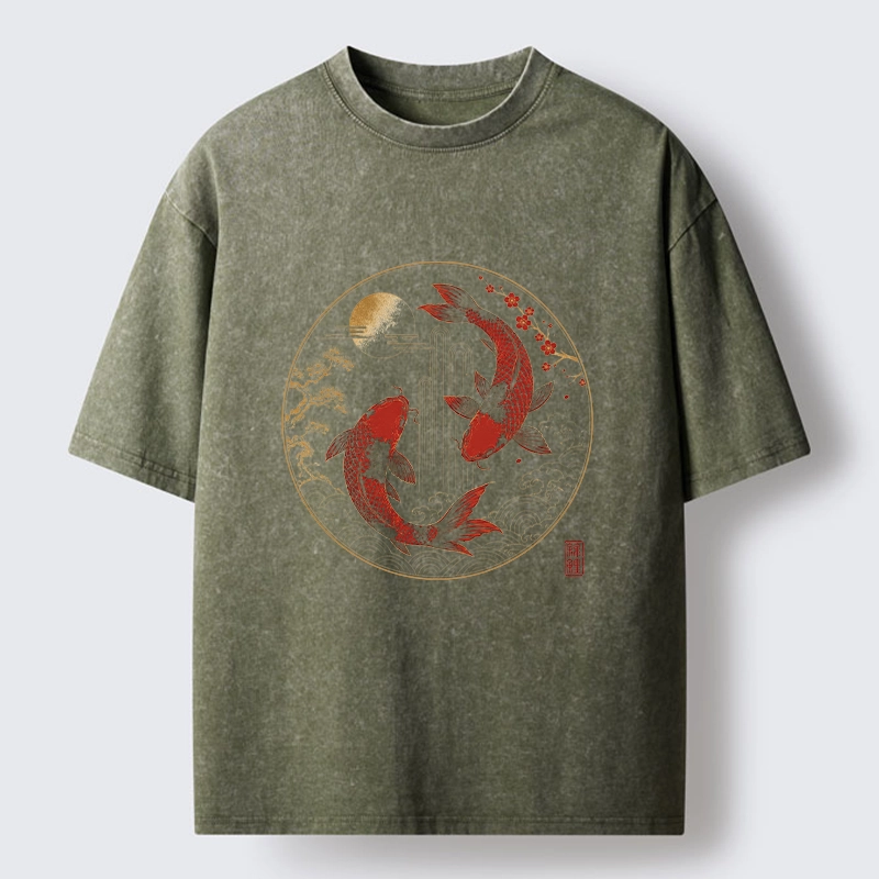 Tokyo-Tiger Lucky Koi Fish With Cherry Blossoms Washed T-Shirt