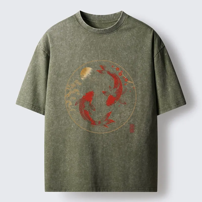 Tokyo-Tiger Lucky Koi Fish With Cherry Blossoms Washed T-Shirt