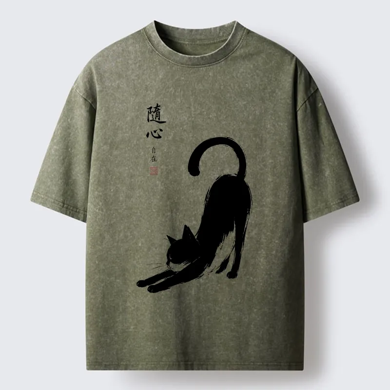 Tokyo-Tiger Zen Ink Wash Cat Stretching Art Washed T-Shirt