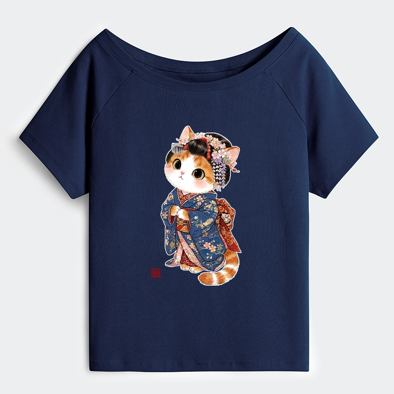 Tokyo-Tiger Cat Dressed As A Geisha Funny Off Shoulder T-Shirt