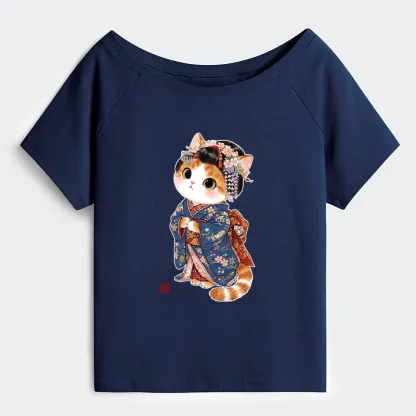 Tokyo-Tiger Cat Dressed As A Geisha Funny Off Shoulder T-Shirt