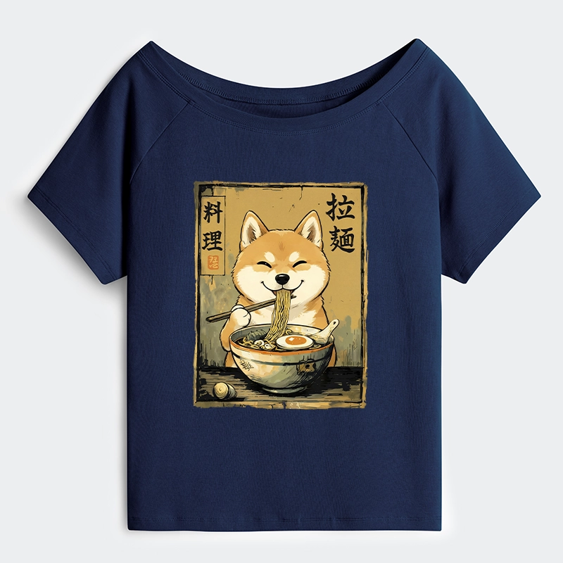 Tokyo-Tiger Happy Shiba Eating Ramen Off Shoulder T-Shirt
