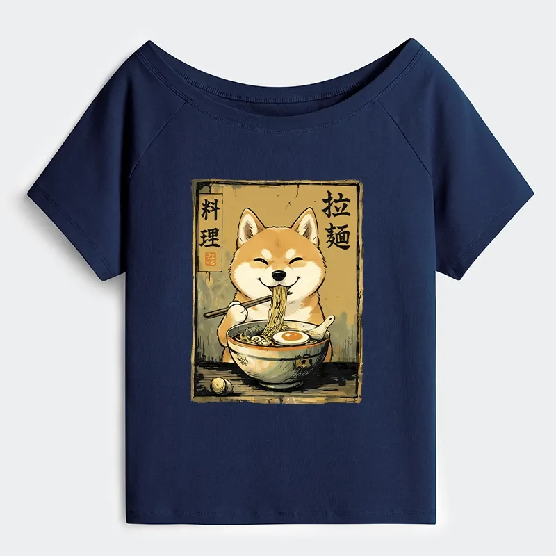 Tokyo-Tiger Happy Shiba Eating Ramen Off Shoulder T-Shirt