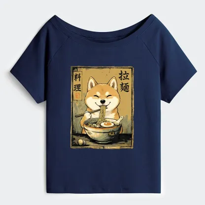 Tokyo-Tiger Happy Shiba Eating Ramen Off Shoulder T-Shirt
