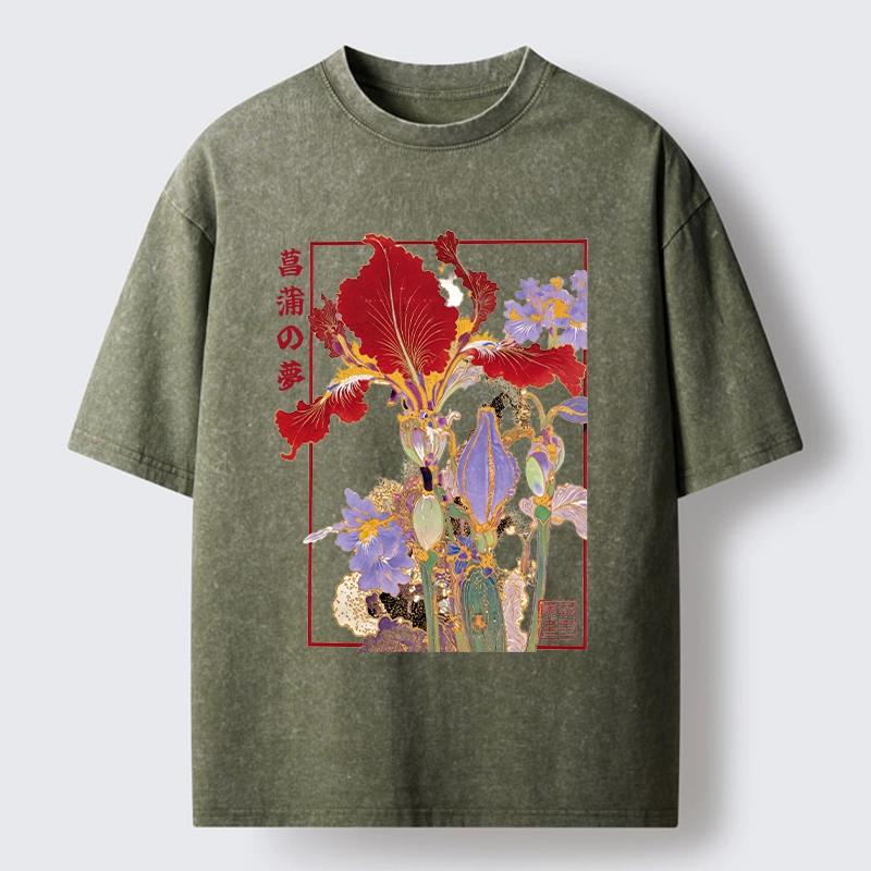 Tokyo-Tiger Antique Japanese Iris Flower Painting Washed T-Shirt