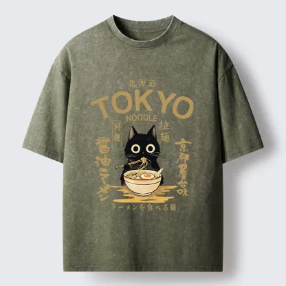 Tokyo-Tiger Black Cat Enjoys Warm Ramen Bowl Washed T-Shirt