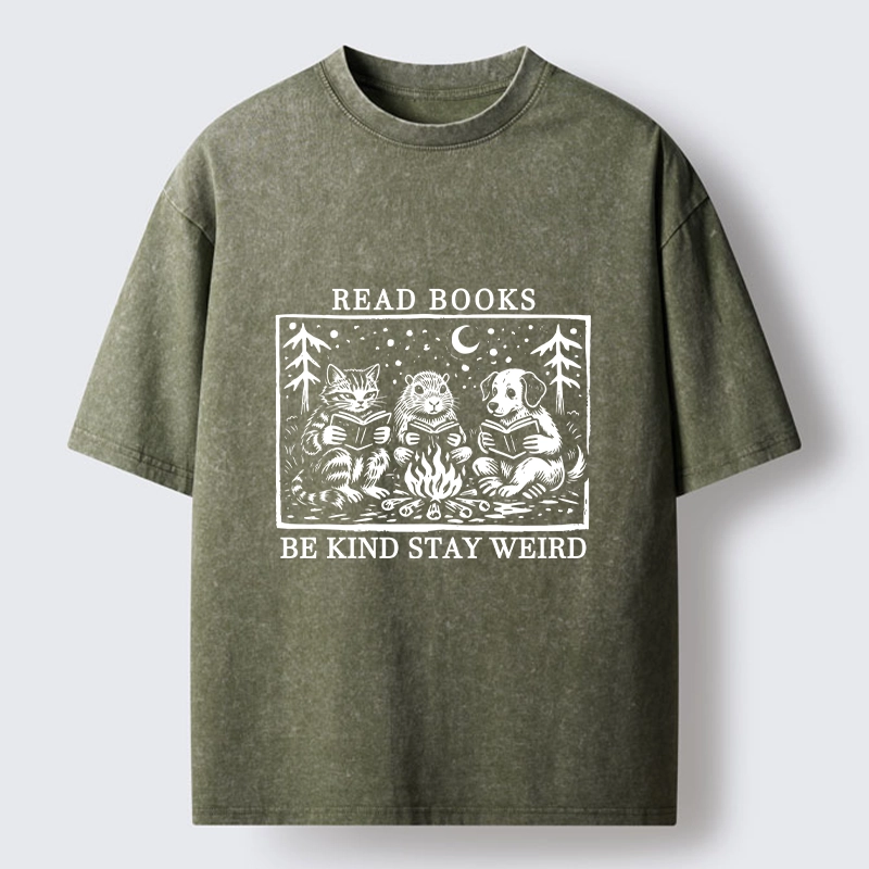 Tokyo-Tiger Be Kind Stay Weird Book Loving Forest Pals Washed T-Shirt