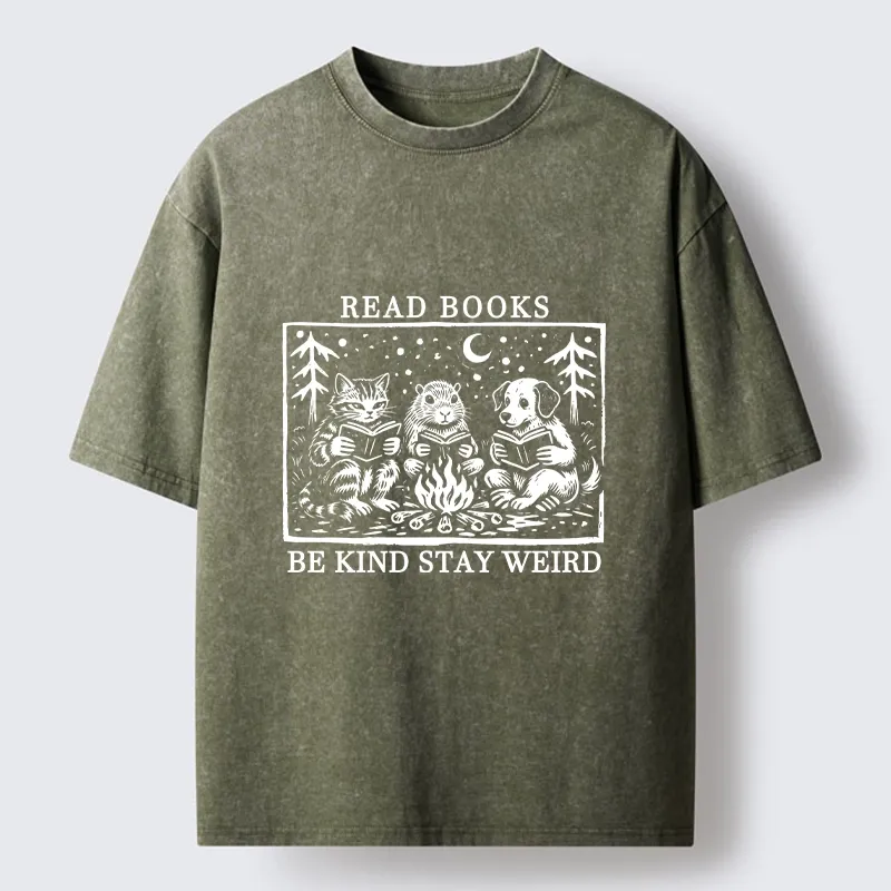 Tokyo-Tiger Be Kind Stay Weird Book Loving Forest Pals Washed T-Shirt