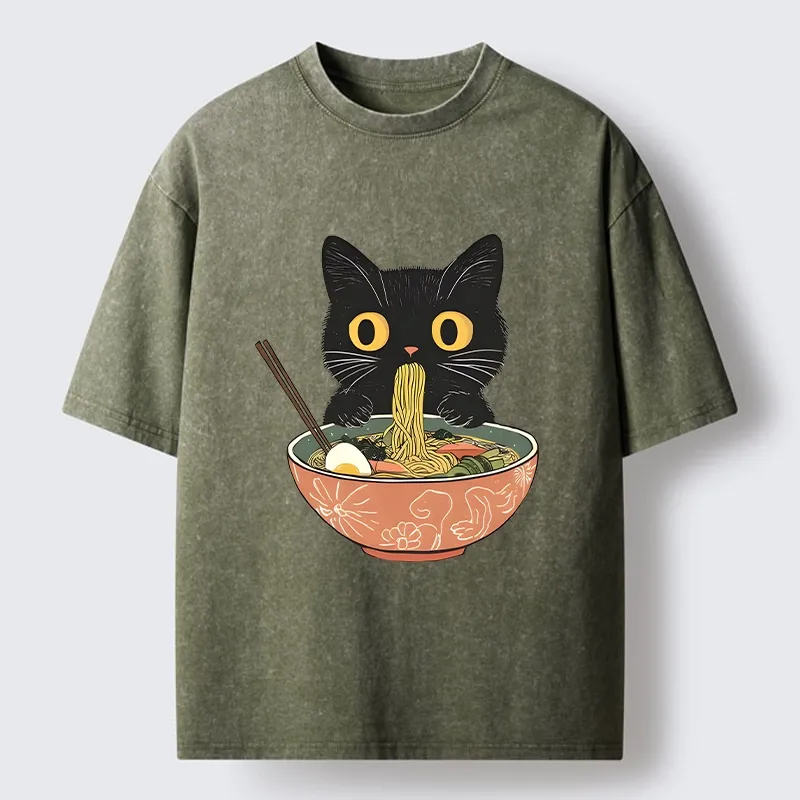 Tokyo-Tiger Black Cat Focused On Ramen Feast Washed T-Shirt Sale