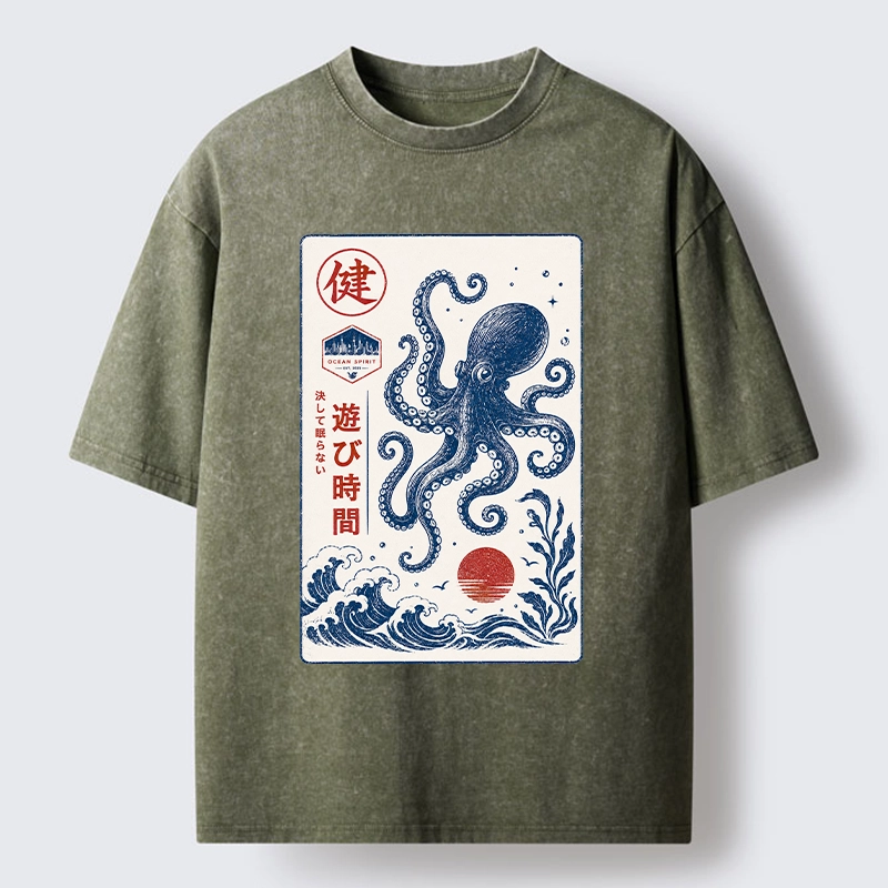 Tokyo-Tiger Octopus Swims In Wild Ocean Waves Washed T-Shirt