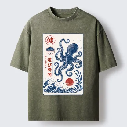 Tokyo-Tiger Octopus Swims In Wild Ocean Waves Washed T-Shirt