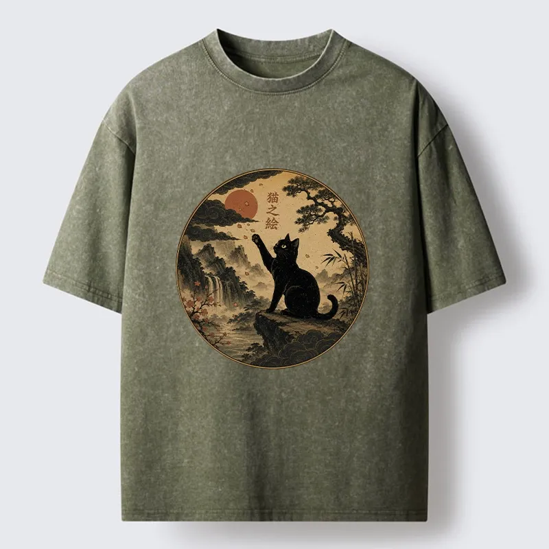 Tokyo-Tiger Serene Nature Scene Of Curious Ink Black Cat Washed T-Shirt