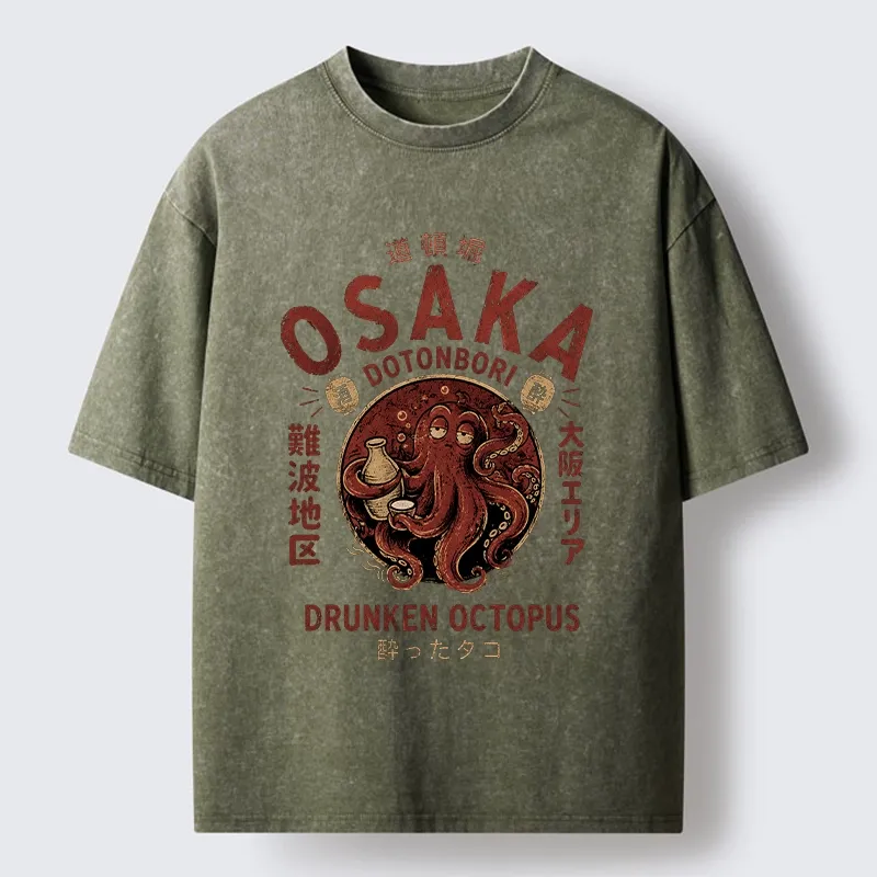Tokyo-Tiger Osaka Artwork Of Wine Drunk Octopus Washed T-Shirt