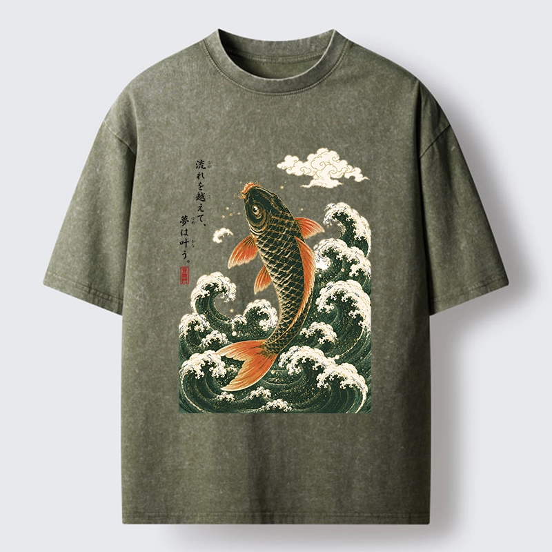 Tokyo-Tiger Japanese Koi Ascends Over Foamy Sea Waves Washed T-Shirt