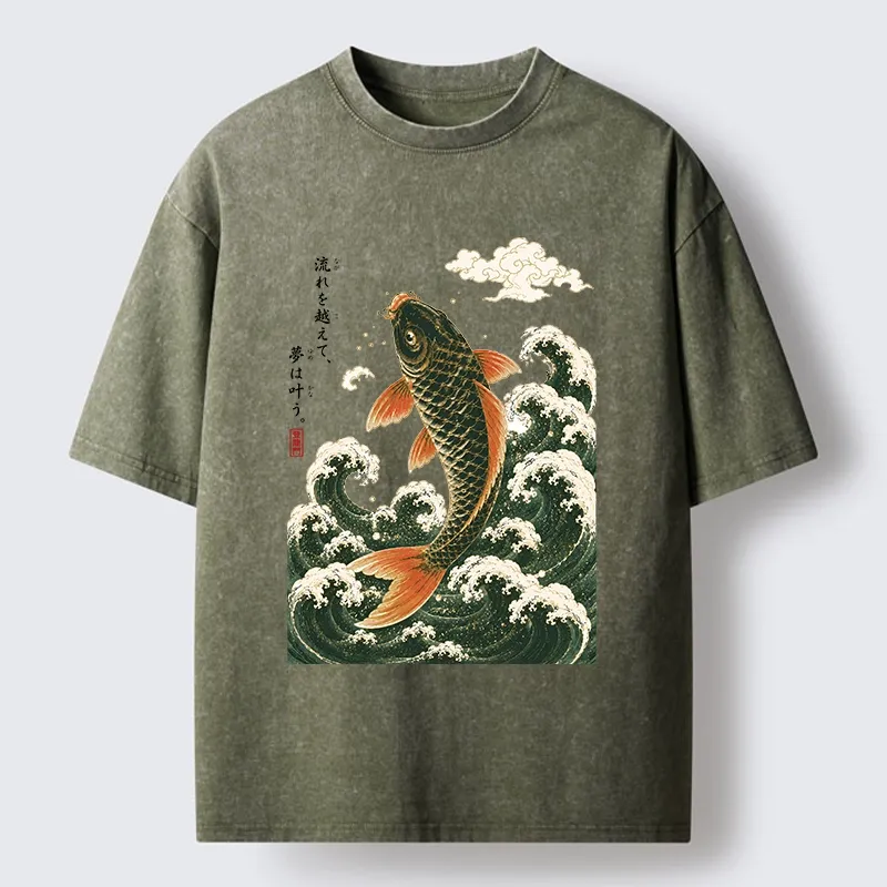 Tokyo-Tiger Japanese Koi Ascends Over Foamy Sea Waves Washed T-Shirt
