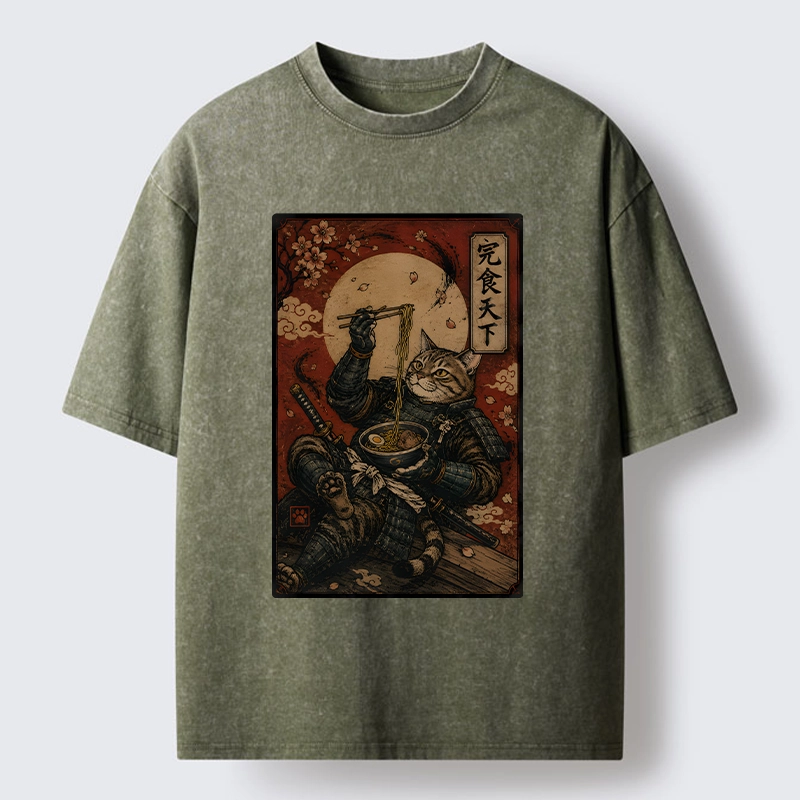 Tokyo-Tiger Bushido Cat Takes A Cozy Ramen Break Washed T-Shirt