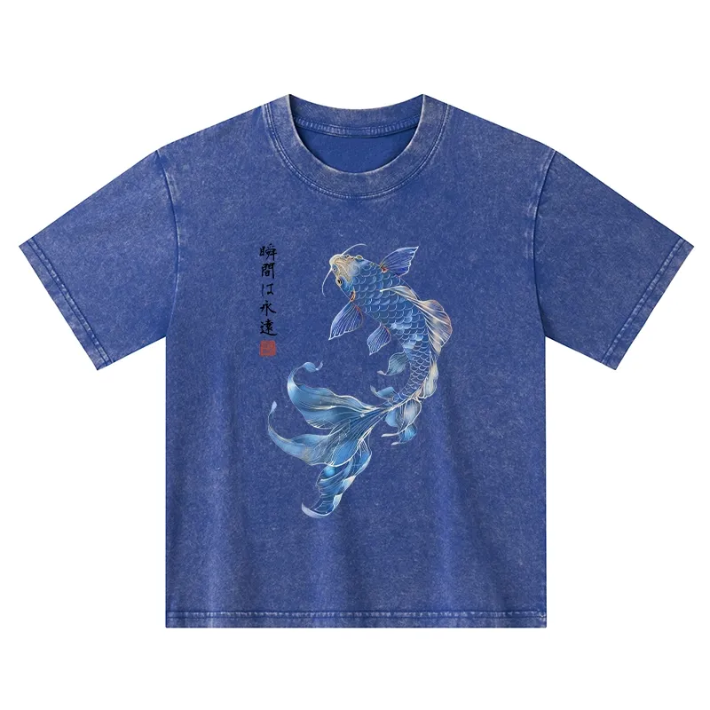 Tokyo-Tiger Lucky Blue Koi Fish Art Kids Washed T-Shirt
